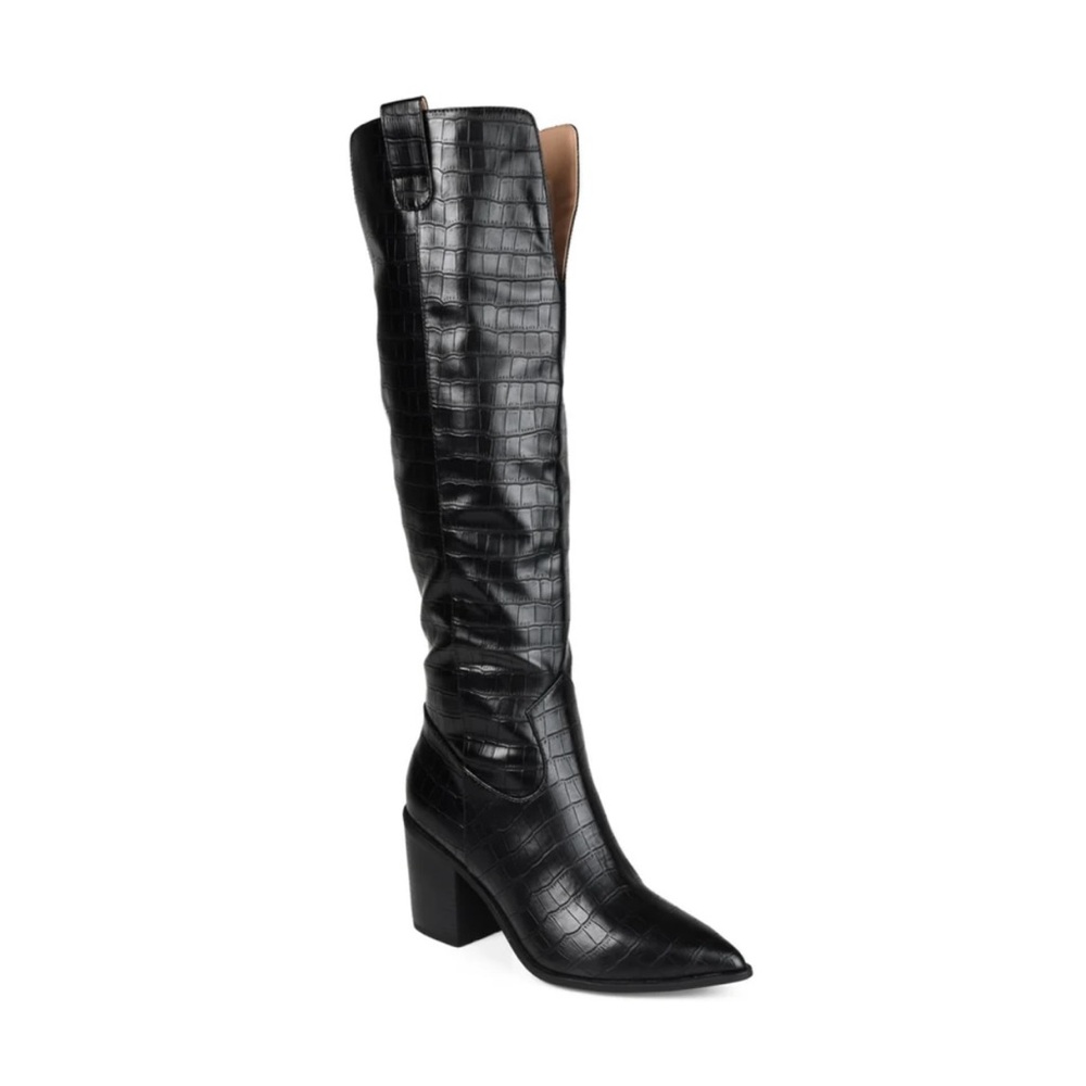 Wide calf Black Croc-Embossed Knee-High Boots